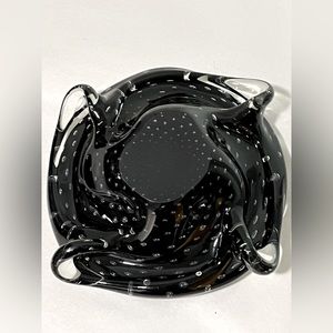 Murano Hand Blown Art Glass Black Clear Bullicante Dish Ashtray Clear Stunning